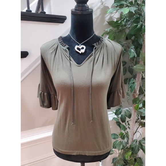 J. Crew Womens Loden Green Ruffle Trimmed Tie Neck Short Sleeve Top Blouse Small - Picture 1 of 11